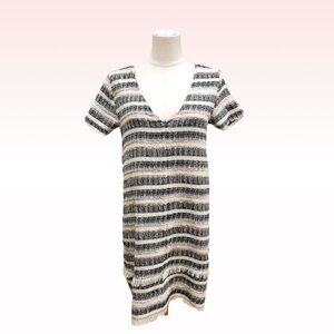 ZARA Black & White Striped Tweed Fringe Shift Dress (Sz M)